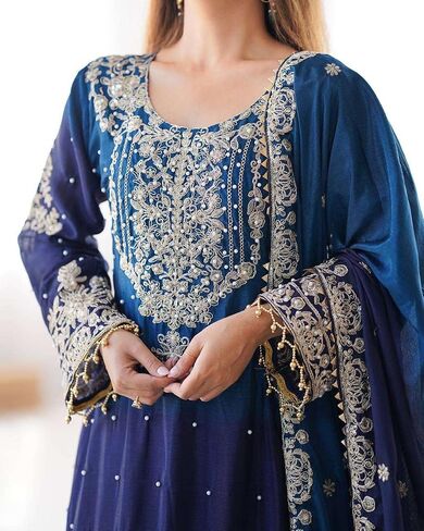 Women's Chinon Silk Sequence With Rivet Moti Work Straight Kurta With Sharara and Dupatta Set in Saudi Arabia