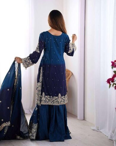 Women's Chinon Silk Sequence With Rivet Moti Work Straight Kurta With Sharara and Dupatta Set in Saudi Arabia