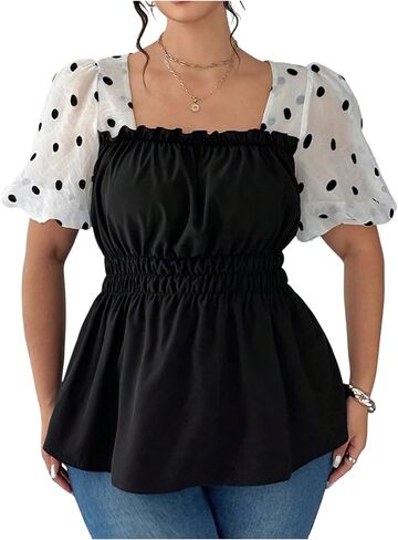 Floerns Women's Plus Size Polka Dots Blouse Mesh Puff Sleeve Square Neck Peplum Smocked Top in Saudi Arabia