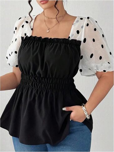 Floerns Women's Plus Size Polka Dots Blouse Mesh Puff Sleeve Square Neck Peplum Smocked Top in Saudi Arabia