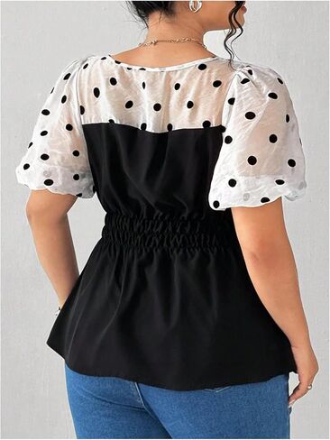 Floerns Women's Plus Size Polka Dots Blouse Mesh Puff Sleeve Square Neck Peplum Smocked Top in Saudi Arabia