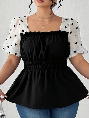 Floerns Women's Plus Size Polka Dots Blouse Mesh Puff Sleeve Square Neck Peplum Smocked Top in Saudi Arabia