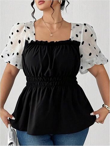 Floerns Women's Plus Size Polka Dots Blouse Mesh Puff Sleeve Square Neck Peplum Smocked Top in Saudi Arabia
