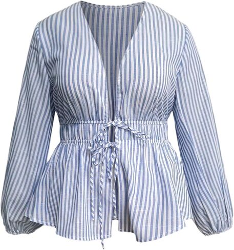 Floerns Women's Plus Size Striped Tie Front Deep V Neck Blouse Shirts Lantern Sleeve Peplum Tops in Saudi Arabia