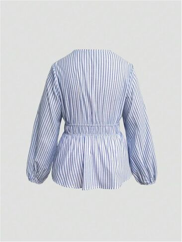 Floerns Women's Plus Size Striped Tie Front Deep V Neck Blouse Shirts Lantern Sleeve Peplum Tops in Saudi Arabia