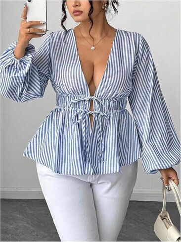 Floerns Women's Plus Size Striped Tie Front Deep V Neck Blouse Shirts Lantern Sleeve Peplum Tops in Saudi Arabia