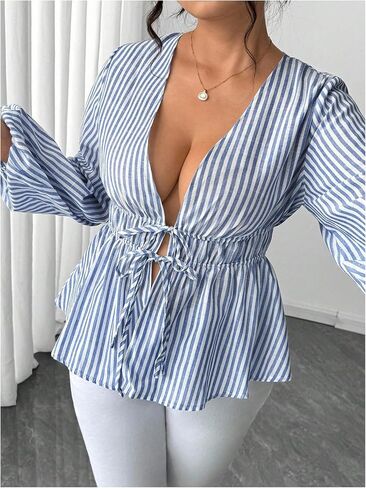 Floerns Women's Plus Size Striped Tie Front Deep V Neck Blouse Shirts Lantern Sleeve Peplum Tops in Saudi Arabia