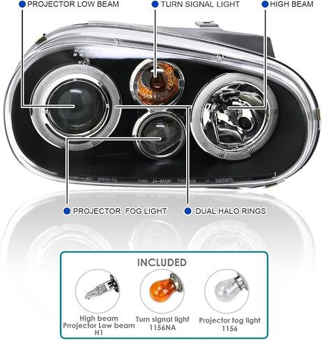 SPEC-D TUNING Black Smoke Dual Halo Projector Headlights Compatible with 1999-2006 Volkswagen Golf, Golf GTI VW MK4 Left + Right Pair Headlamps Assembly in Saudi Arabia