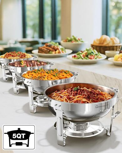 Chafing Dishes for Buffet 5QT, [95% Pre-Assembled] Round Chafing Dish Buffet Set w/Lid Holder, Stainless Steel Chafers and Buffet Warmers Sets for Parties, Wedding, Camping, Dinner (2) in Kuwait