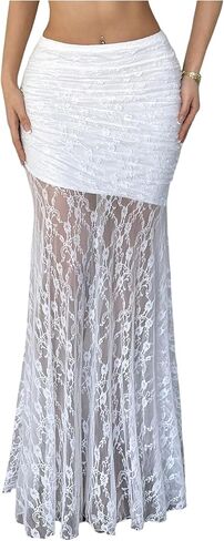 GORGLITTER تنورة طويلة نسائية من الدانتيل بنقشة الزهور وشبكة شفافة على شكل حرف A تنانير منخفضة الارتفاع ومكشكشة ومتدلية in Kuwait