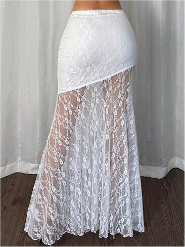 GORGLITTER تنورة طويلة نسائية من الدانتيل بنقشة الزهور وشبكة شفافة على شكل حرف A تنانير منخفضة الارتفاع ومكشكشة ومتدلية in Kuwait