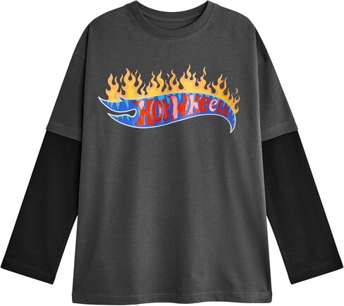 Hot Wheels Boys' Grey Long-Sleeved T-Shirt, Size 7-8 Years, Slim Fit, Officially Licensed in Saudi Arabia