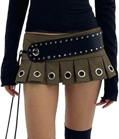 Women's Y2K PU Leather Skirts Low Waisted Studded Belt Pleated Mini Clubwear Skirt in Saudi Arabia