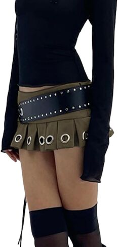 Women's Y2K PU Leather Skirts Low Waisted Studded Belt Pleated Mini Clubwear Skirt in Saudi Arabia