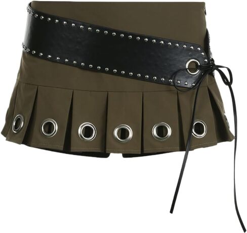 Women's Y2K PU Leather Skirts Low Waisted Studded Belt Pleated Mini Clubwear Skirt in Saudi Arabia