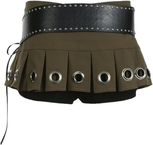 Women's Y2K PU Leather Skirts Low Waisted Studded Belt Pleated Mini Clubwear Skirt in Saudi Arabia