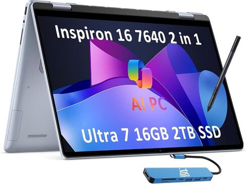 كمبيوتر محمول Dell Inspiron 16 7640 2 في 1 (16 بوصة FHD+ شاشة لمس، Intel Ultra 7 155H (> i7-13700H)، 16 جيجابايت LPDDR5X-6400، 1 تيرابايت SSD، IST Stylus)، كمبيوتر AI للمبدع، المصمم، 15 ساعة طويلة عمر البطارية، ويندوز 11 برو in Saudi Arabia