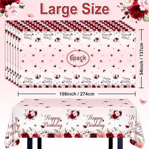Avezano 3pcs Burgundy عيد ميلاد المائدة مفصل 108x54 بوصة أحمر زهور الزهور الزهور الزخارف الحفلات بورجوندي روز أغطية يمكن التخلص منها للنساء الفتيات in Kuwait