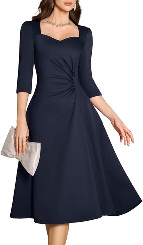 فستان Dressystar للسيدات للخريف بخصر مكشكش على شكل حرف A لحفلات الكوكتيل ملفوف متوسط ​​الطول أنيق أنيق لحفلات الزفاف الرسمية للضيوف in Kuwait