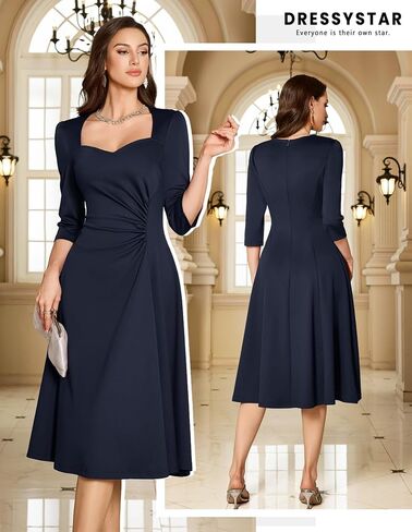 فستان Dressystar للسيدات للخريف بخصر مكشكش على شكل حرف A لحفلات الكوكتيل ملفوف متوسط ​​الطول أنيق أنيق لحفلات الزفاف الرسمية للضيوف in Kuwait