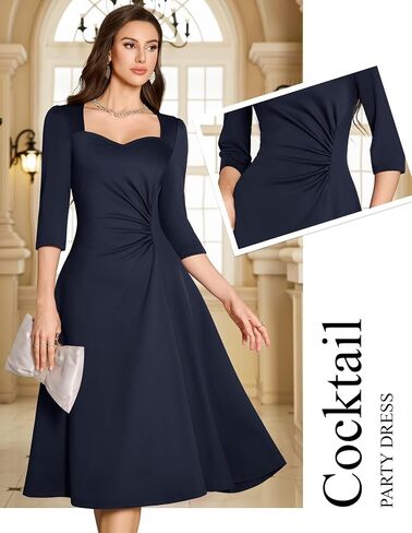 فستان Dressystar للسيدات للخريف بخصر مكشكش على شكل حرف A لحفلات الكوكتيل ملفوف متوسط ​​الطول أنيق أنيق لحفلات الزفاف الرسمية للضيوف in Kuwait