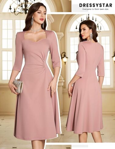 فستان Dressystar للسيدات للخريف بخصر مكشكش على شكل حرف A لحفلات الكوكتيل ملفوف متوسط ​​الطول أنيق أنيق لحفلات الزفاف الرسمية للضيوف in Kuwait