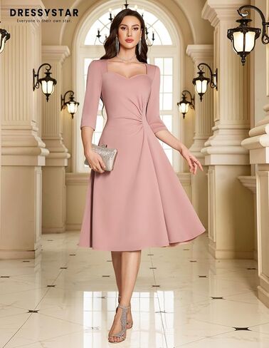 فستان Dressystar للسيدات للخريف بخصر مكشكش على شكل حرف A لحفلات الكوكتيل ملفوف متوسط ​​الطول أنيق أنيق لحفلات الزفاف الرسمية للضيوف in Kuwait