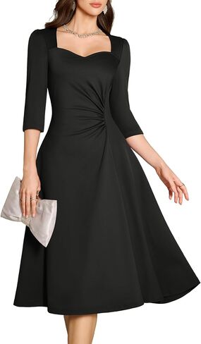 فستان Dressystar للسيدات للخريف بخصر مكشكش على شكل حرف A لحفلات الكوكتيل ملفوف متوسط ​​الطول أنيق أنيق لحفلات الزفاف الرسمية للضيوف in Saudi Arabia