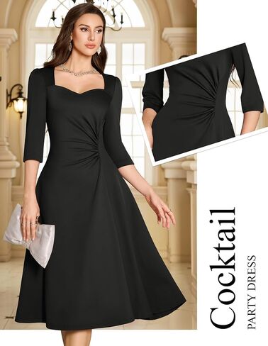 فستان Dressystar للسيدات للخريف بخصر مكشكش على شكل حرف A لحفلات الكوكتيل ملفوف متوسط ​​الطول أنيق أنيق لحفلات الزفاف الرسمية للضيوف in Saudi Arabia