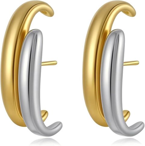 Two Tone Chain Hoop Earrings for Women Dainty Gold Silver Dangling Chain Earrings Lightweight Double Open Hoops Mixed Metal Trendy Fashion Jewelry in Saudi Arabia