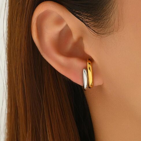Two Tone Chain Hoop Earrings for Women Dainty Gold Silver Dangling Chain Earrings Lightweight Double Open Hoops Mixed Metal Trendy Fashion Jewelry in Saudi Arabia
