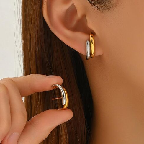 Two Tone Chain Hoop Earrings for Women Dainty Gold Silver Dangling Chain Earrings Lightweight Double Open Hoops Mixed Metal Trendy Fashion Jewelry in Saudi Arabia