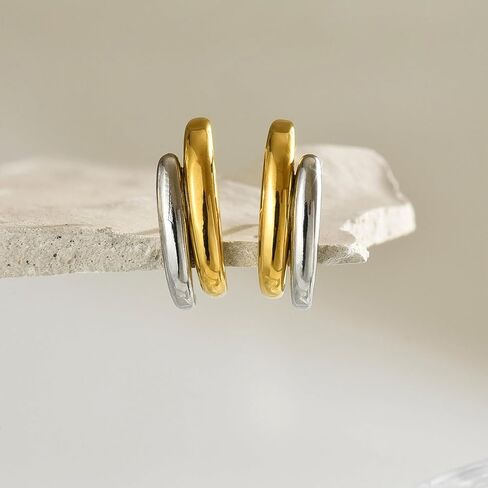 Two Tone Chain Hoop Earrings for Women Dainty Gold Silver Dangling Chain Earrings Lightweight Double Open Hoops Mixed Metal Trendy Fashion Jewelry in Saudi Arabia