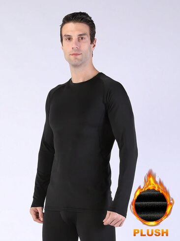 Men's Solid Black Fleece-Lined Compression Long Sleeve Shirt - Stretch Warm Athletic Base Layer for Workouts in Saudi Arabia