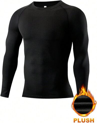 Men's Solid Black Fleece-Lined Compression Long Sleeve Shirt - Stretch Warm Athletic Base Layer for Workouts in Saudi Arabia
