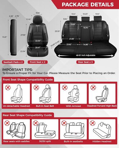 FREESOO Black Car Seat Covers Full Set - Faux Nappa Leather Seat Covers for Cars, with Front Seatbelt Pads, Waterproof Breathable Cushion Protectors Fit for Most 5 Seats Automative Sedans SUV Trucks in Kuwait