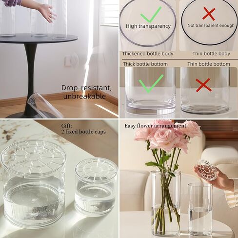 2 Acrylic Cylinder Clear Vase for Centerpieces, Tall Large Unbreakable Plastic Flower Vases for Home Decor (D 4.8" X H 7.8" - H 12" + 2 Holder) in Saudi Arabia
