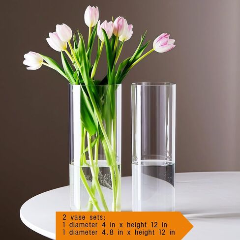 2 Acrylic Cylinder Clear Vase for Centerpieces, Tall Large Unbreakable Plastic Flower Vases for Home Decor (D 4.8" X H 7.8" - H 12" + 2 Holder) in Saudi Arabia