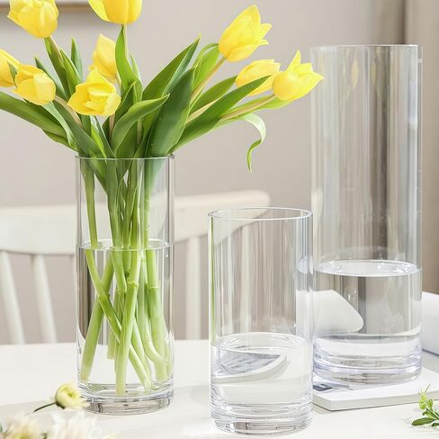 2 Acrylic Cylinder Clear Vase for Centerpieces, Tall Large Unbreakable Plastic Flower Vases for Home Decor (D 4.8" X H 7.8" - H 12" + 2 Holder) in Saudi Arabia