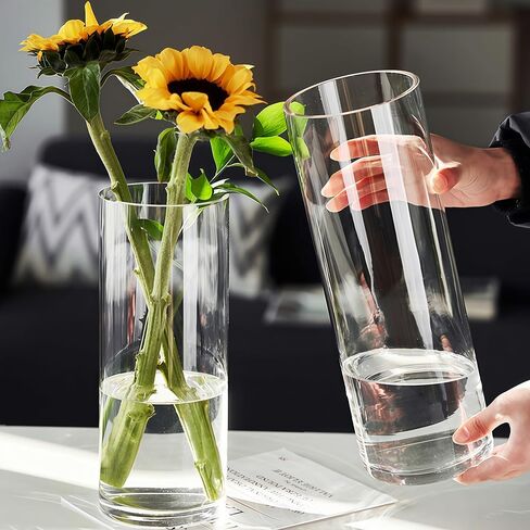 2 Acrylic Cylinder Clear Vase for Centerpieces, Tall Large Unbreakable Plastic Flower Vases for Home Decor (D 4.8" X H 7.8" - H 12" + 2 Holder) in Saudi Arabia