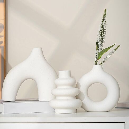 White Ceramic Vases Set of 3, Minimalist Nordic Modern Style, Round Donut Vase for Dried Flowers, Pampas Grass & Fresh Blooms,Boho Home Decor for Table Shelf Living Room Office (White) in Saudi Arabia