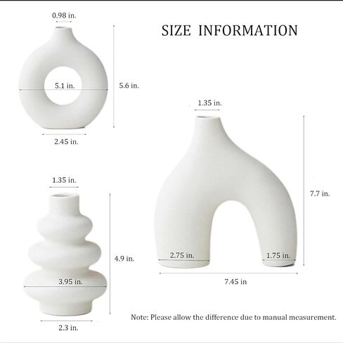White Ceramic Vases Set of 3, Minimalist Nordic Modern Style, Round Donut Vase for Dried Flowers, Pampas Grass & Fresh Blooms,Boho Home Decor for Table Shelf Living Room Office (White) in Saudi Arabia