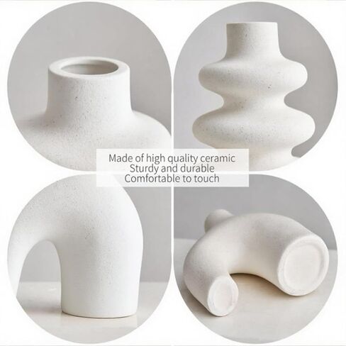 White Ceramic Vases Set of 3, Minimalist Nordic Modern Style, Round Donut Vase for Dried Flowers, Pampas Grass & Fresh Blooms,Boho Home Decor for Table Shelf Living Room Office (White) in Saudi Arabia