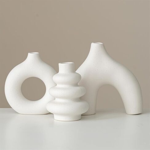 White Ceramic Vases Set of 3, Minimalist Nordic Modern Style, Round Donut Vase for Dried Flowers, Pampas Grass & Fresh Blooms,Boho Home Decor for Table Shelf Living Room Office (White) in Saudi Arabia