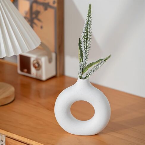 White Ceramic Vases Set of 3, Minimalist Nordic Modern Style, Round Donut Vase for Dried Flowers, Pampas Grass & Fresh Blooms,Boho Home Decor for Table Shelf Living Room Office (White) in Saudi Arabia