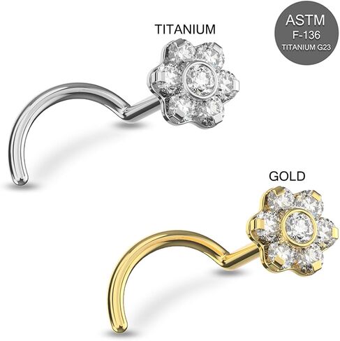 Flower Cz Stones Top 20 Gauge G23 Grade Titanium Corkscrew Twist Nose Screw - Tiny Nose Stud - Nose Piercing Body Jewelry in Saudi Arabia