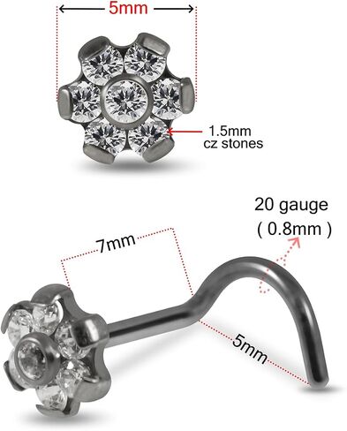 Flower Cz Stones Top 20 Gauge G23 Grade Titanium Corkscrew Twist Nose Screw - Tiny Nose Stud - Nose Piercing Body Jewelry in Saudi Arabia