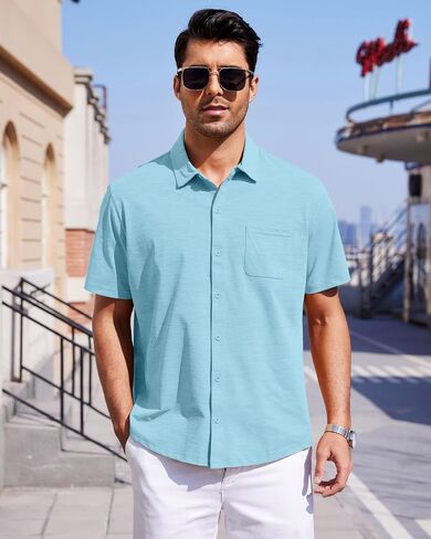 Mens Short Sleeve Dress Shirts Business Casual Button Down Shirt Summer Beach Wedding Untucked Shirts with Pocket in Saudi Arabia