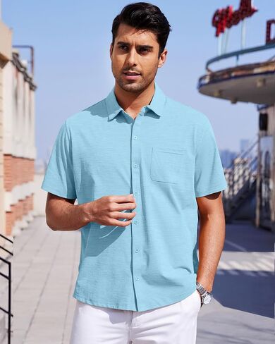 Mens Short Sleeve Dress Shirts Business Casual Button Down Shirt Summer Beach Wedding Untucked Shirts with Pocket in Saudi Arabia