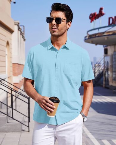 Mens Short Sleeve Dress Shirts Business Casual Button Down Shirt Summer Beach Wedding Untucked Shirts with Pocket in Saudi Arabia